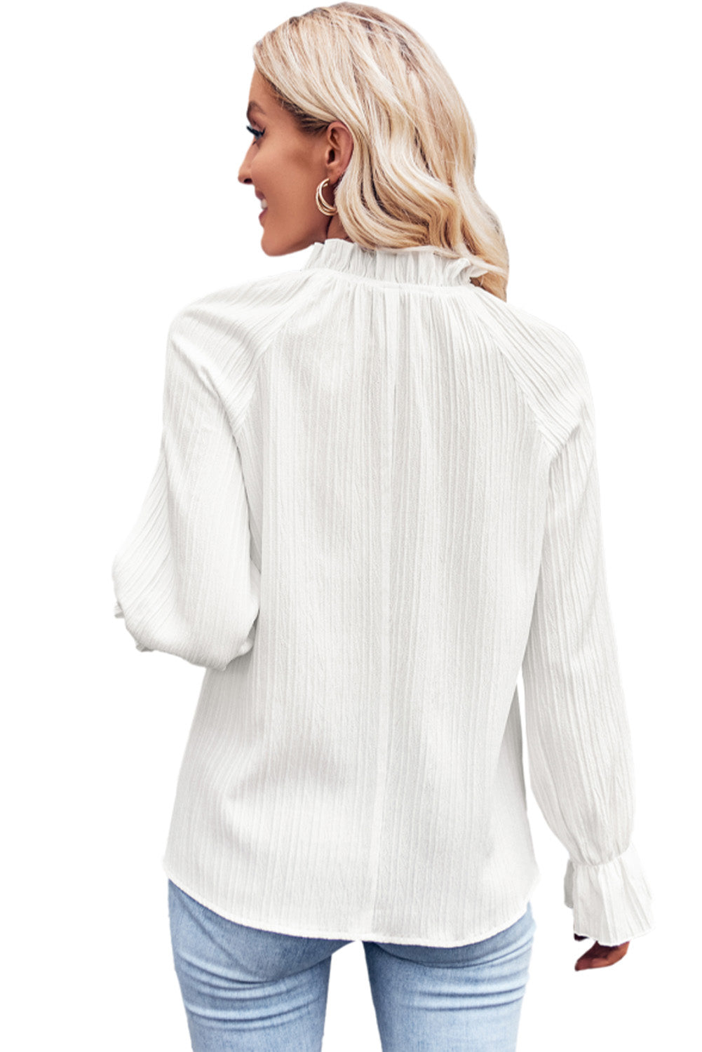 Black Frilled Mock Neck Bubble Sleeve Pleated Blouse