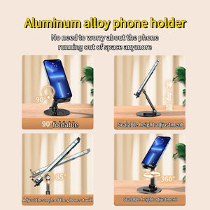 Foldable Phone Stand For Desk - Height Adjustable Cell Phone Holder Portable Cellphone Cradle Desktop Dock Metal Base 360 Degree Rotatable Compatible With Phone Tablet PC
