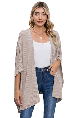 Black Textured Lace Trim Open Front Kimono Cardigan
