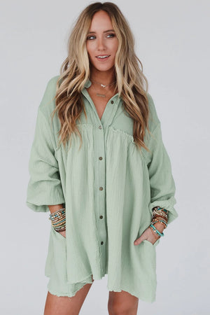 Black Ribbed and Crinkle Patchwork Puff Sleeve Shirt Dress