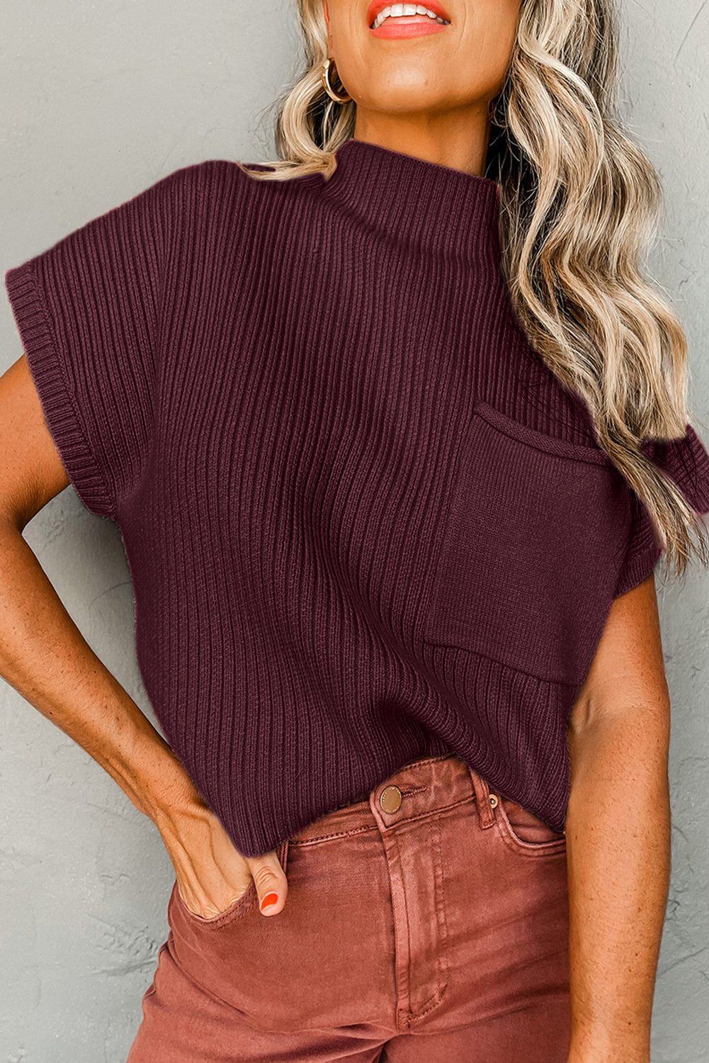 Green Patch Pocket Ribbed Knit Short Sleeve Sweater