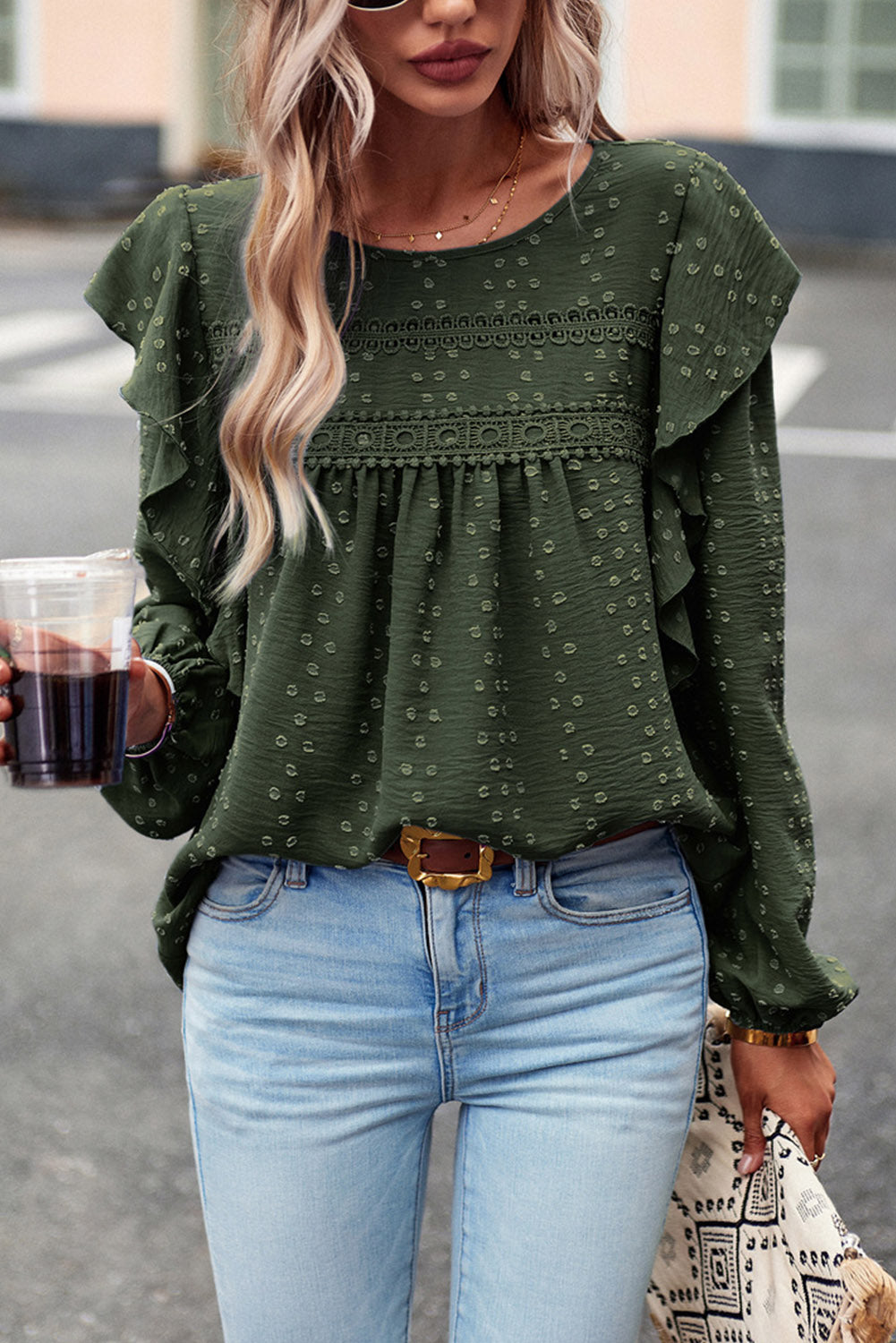Blackish Green Swiss Dot Ruffle Shoulder Long Sleeve Blouse