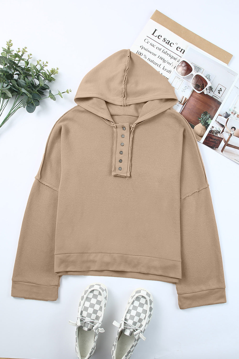 Orange Basic & Casual Button Front Pullover Hoodie