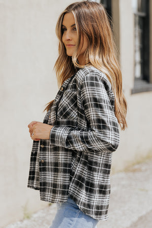 Black Plaid Drawstring Hooded Shacket