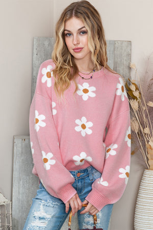 Black Floral Pattern Drop Shoulder Knit Sweater