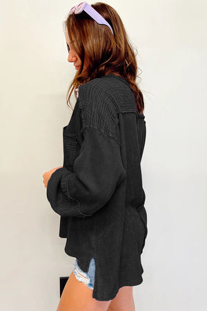 Black Waffle and Crinkle Patchwork Long Sleeve Top