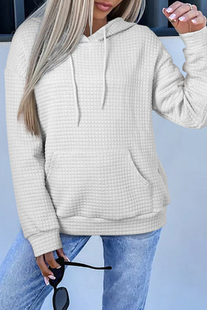 Gray Lattice Textured Kangaroo Pocket Drawstring Hoodie