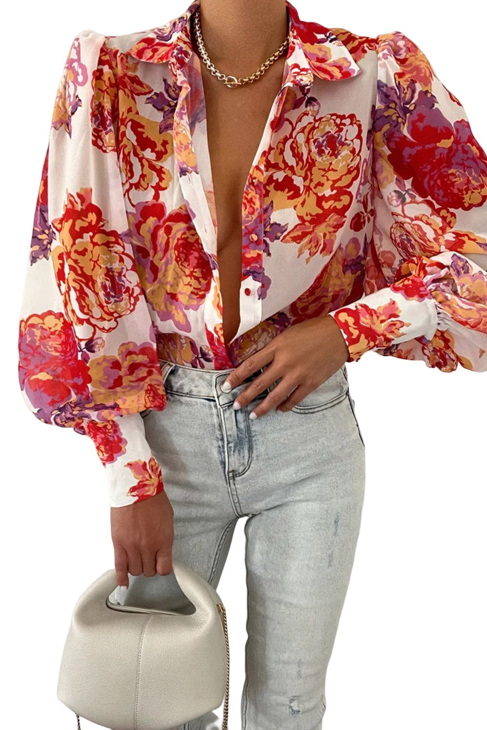 Multicolor Swirl Color Block Print Lantern Sleeve Shirt