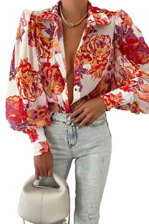 Multicolor Swirl Color Block Print Lantern Sleeve Shirt