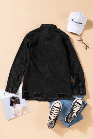 Green Casual Ripped Raw Hem Button Up Denim Shacket