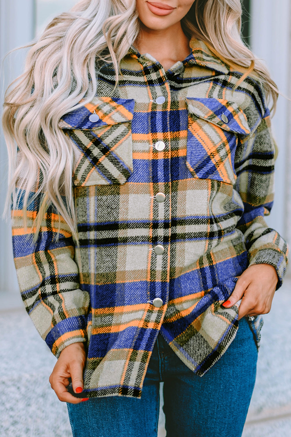 Brown Plaid Button Up Long Sleeve Flannel Jacket