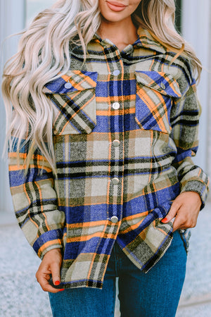 Brown Plaid Button Up Long Sleeve Flannel Jacket