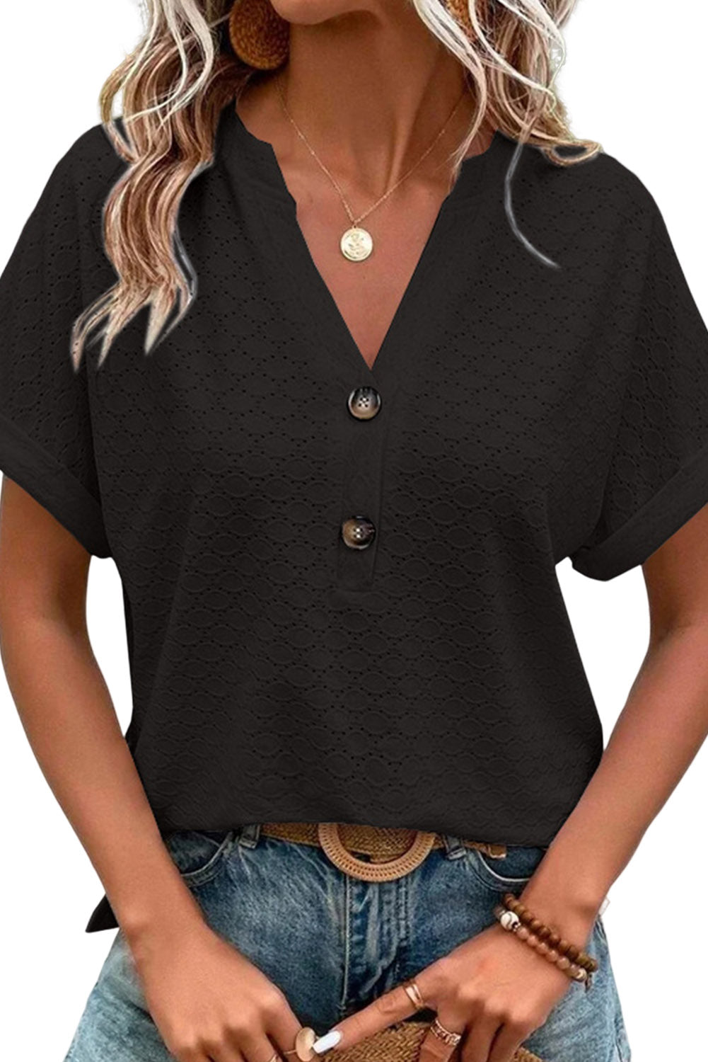 Black Button V Neck Eyelet Solid Color Blouse