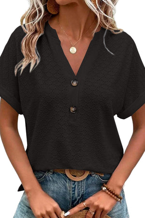 Black Button V Neck Eyelet Solid Color Blouse