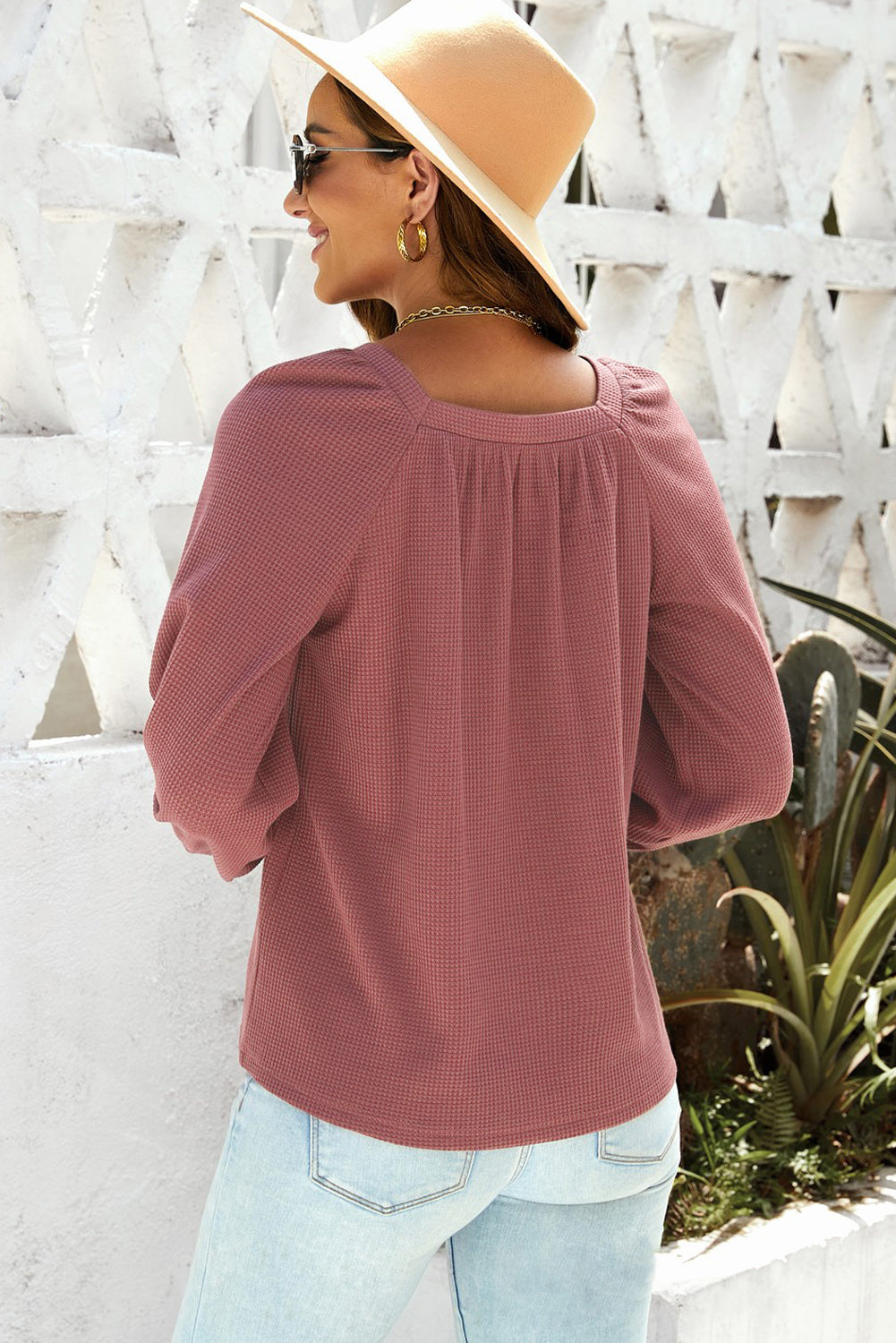Pink Waffle Texture Casual Square Neck Pullover Top
