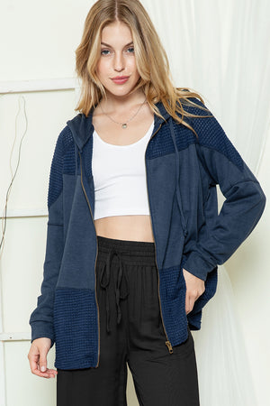 Khaki Dark Washed Patchwork Zip Up Hooded Jacket