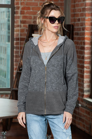 Khaki Dark Washed Patchwork Zip Up Hooded Jacket