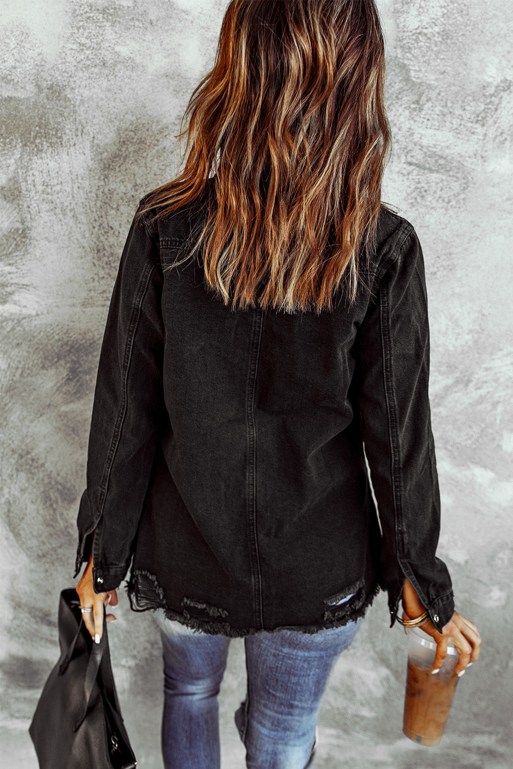 Green Casual Ripped Raw Hem Button Up Denim Shacket