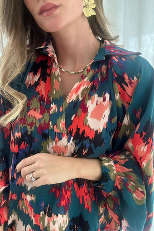 Green Graffiti Colorblock Casual V Neck Puff Sleeve Blouse