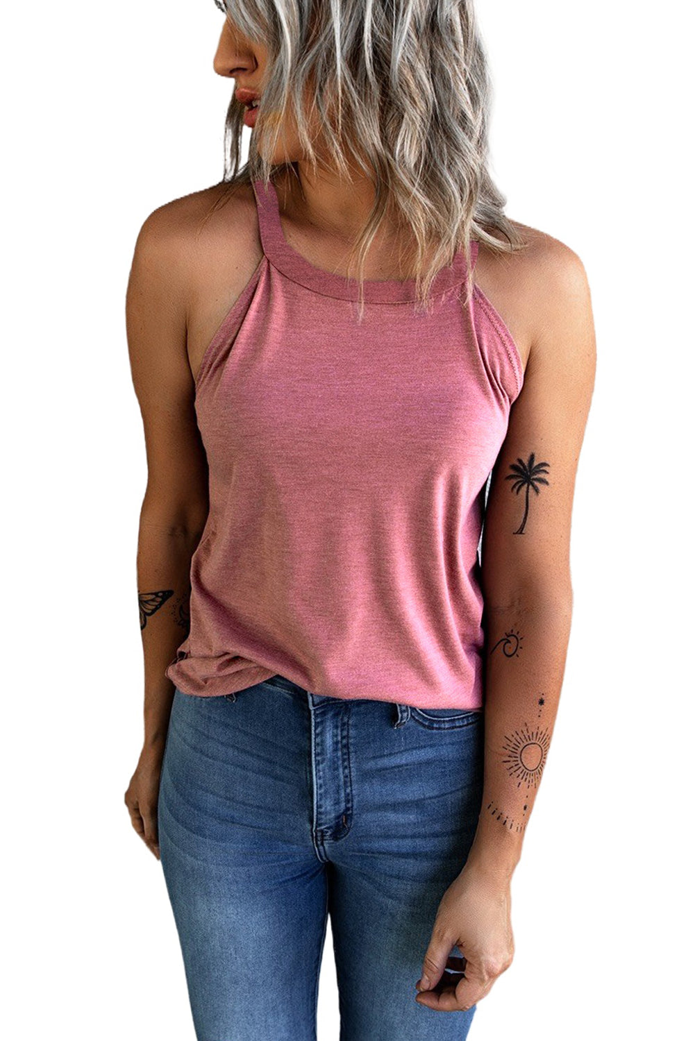 Pink Solid Color Crew Neck Tank Top
