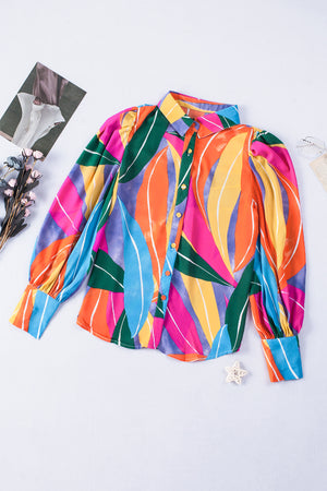 Multicolor Swirl Color Block Print Lantern Sleeve Shirt