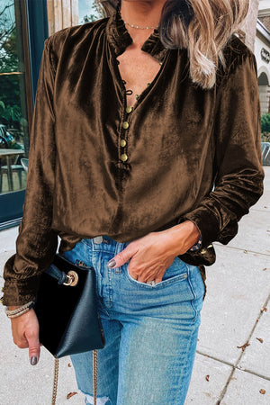Black Frilled Neck Buttoned Front Velvet Top