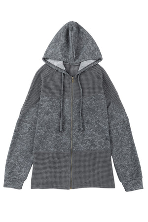 Khaki Dark Washed Patchwork Zip Up Hooded Jacket