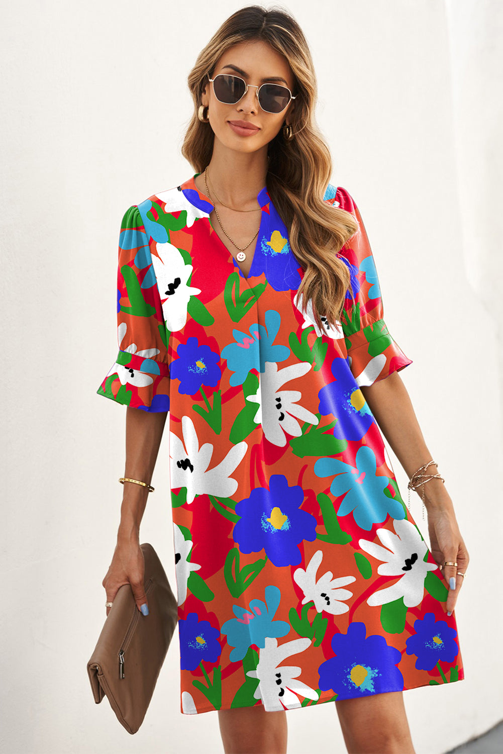 Rose Floral Print Mandarin Collar Short Sleeve Tunic Dress
