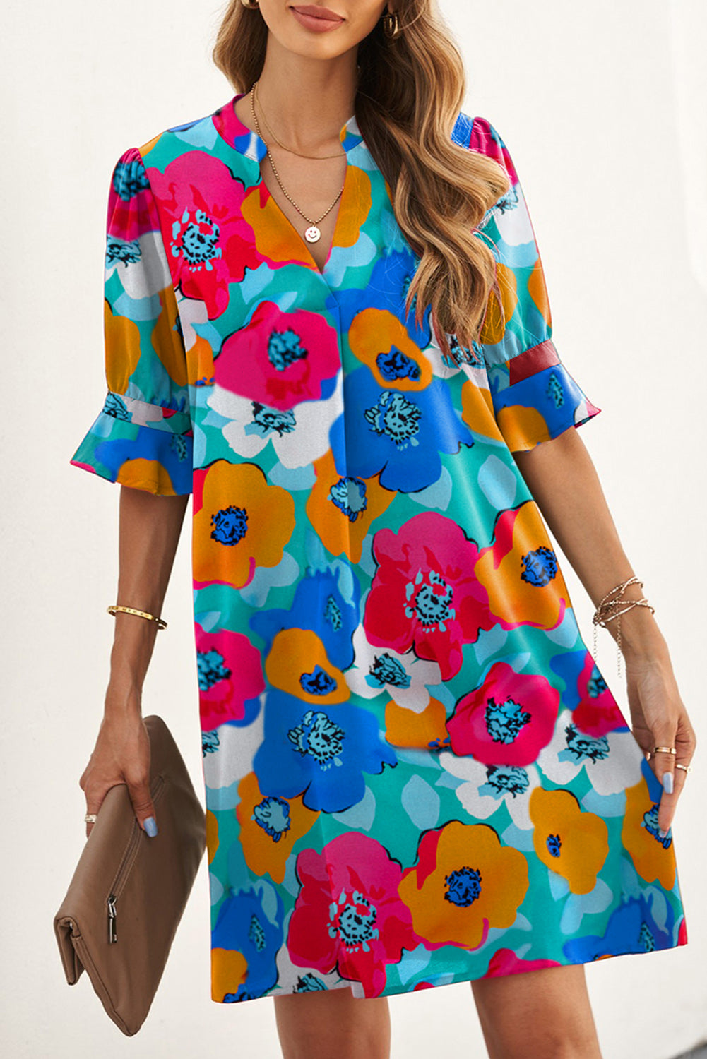 Rose Floral Print Mandarin Collar Short Sleeve Tunic Dress