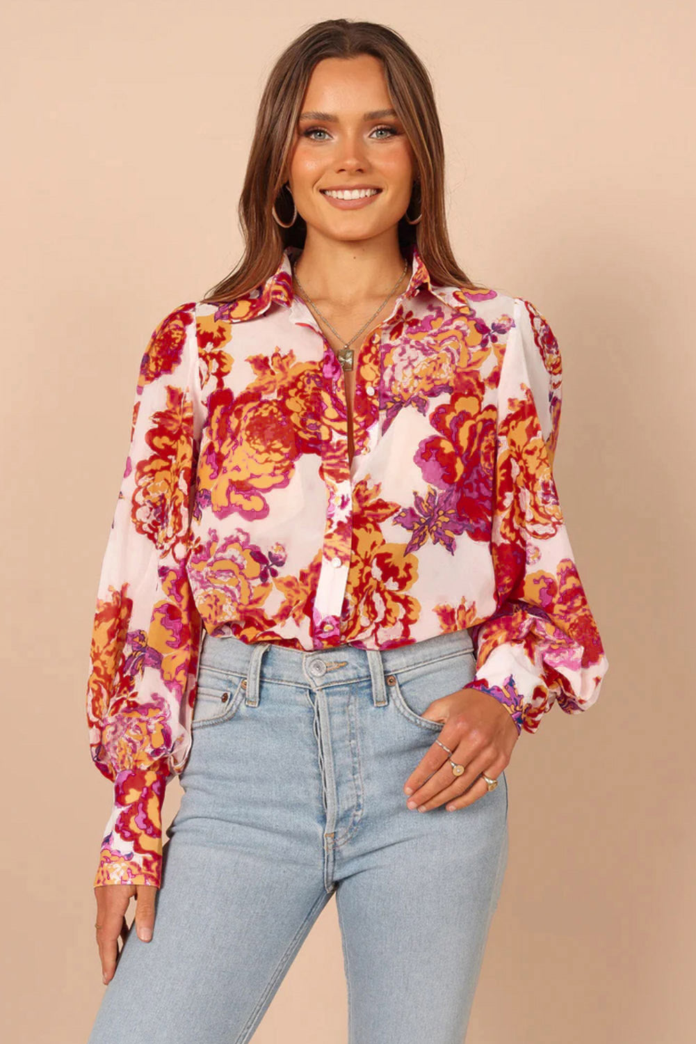 Multicolor Swirl Color Block Print Lantern Sleeve Shirt