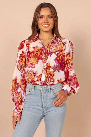 Multicolor Swirl Color Block Print Lantern Sleeve Shirt