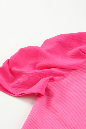 Black Ribbed Crew Neck Elegant Puff Sleeve Top
