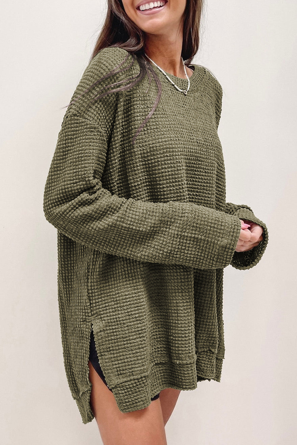 Black Plain Waffle Knit Drop Sleeve Side Slits Oversized Top