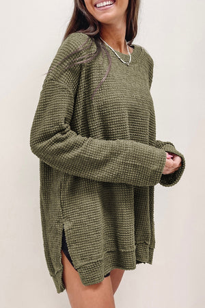Black Plain Waffle Knit Drop Sleeve Side Slits Oversized Top