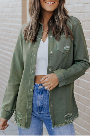 Green Casual Ripped Raw Hem Button Up Denim Shacket