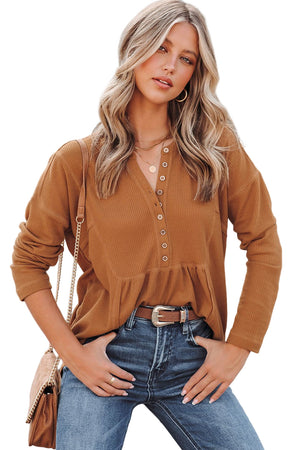 Brown Waffle Knit Casual Button Henley Top
