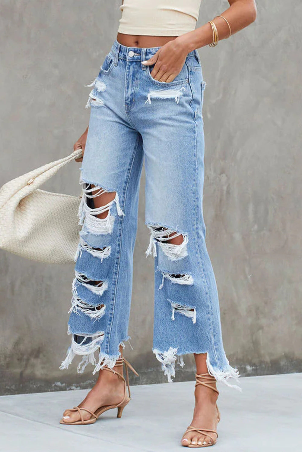 Sky Blue Heavy Destroyed Raw Hem Wide Leg Jeans