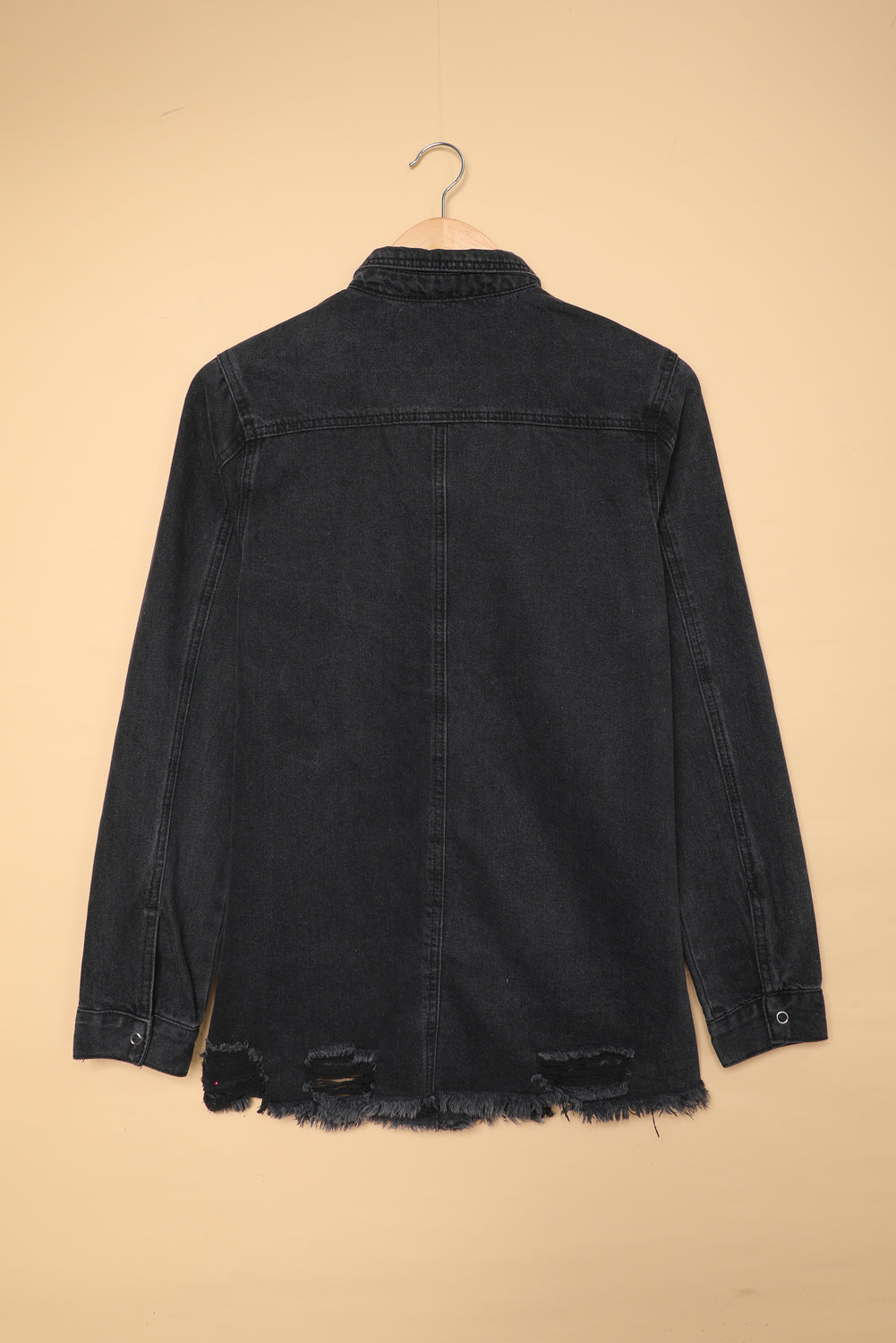 Green Casual Ripped Raw Hem Button Up Denim Shacket