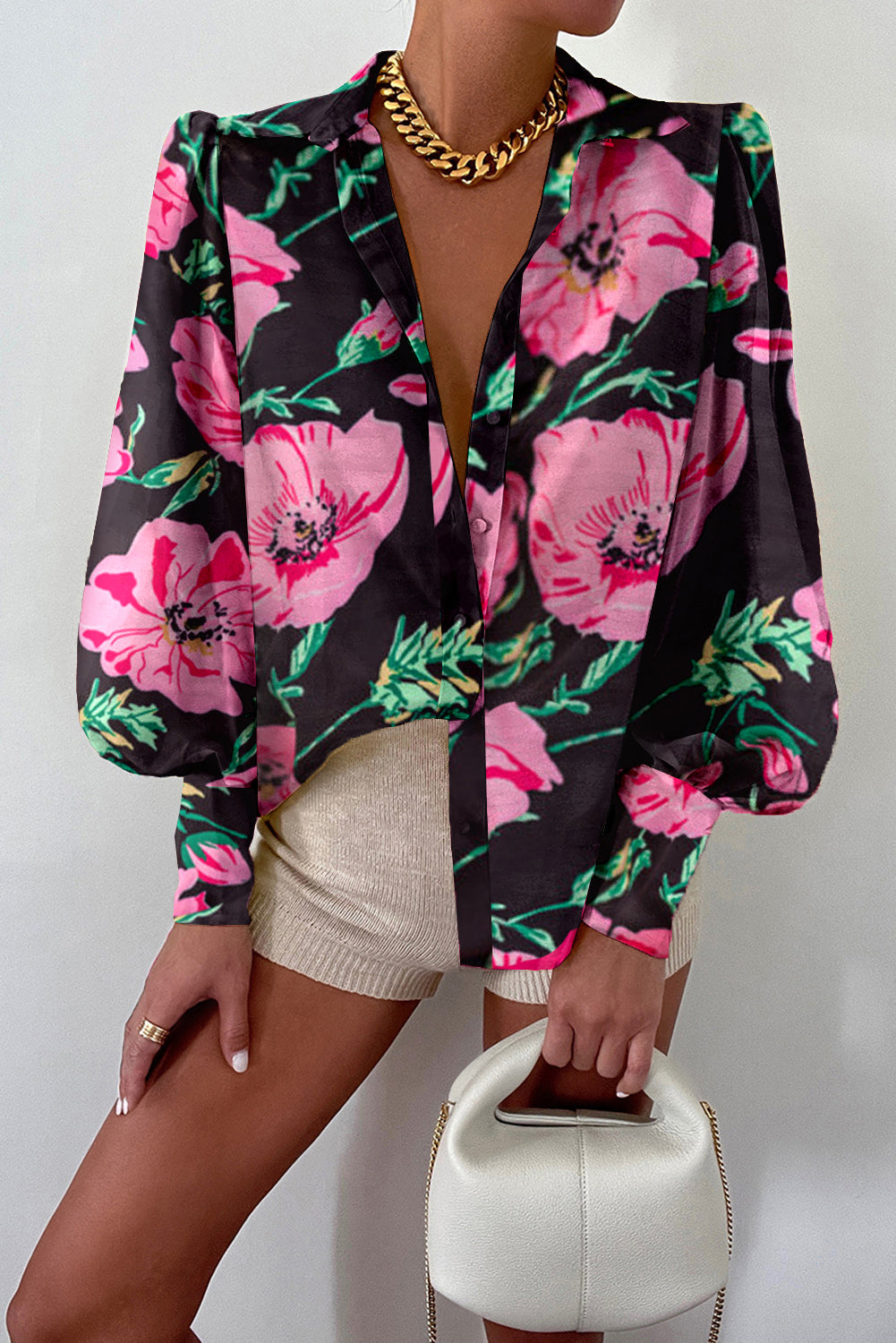 Multicolor Swirl Color Block Print Lantern Sleeve Shirt