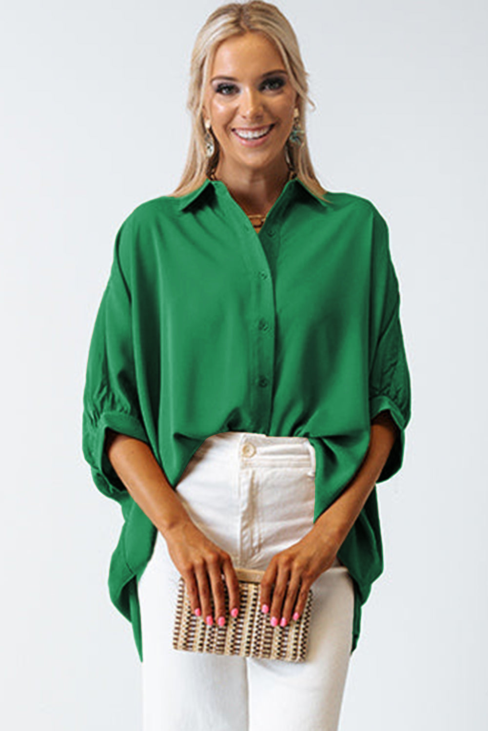 Green 3/4 Batwing Sleeve Oversize Button Up Shirt