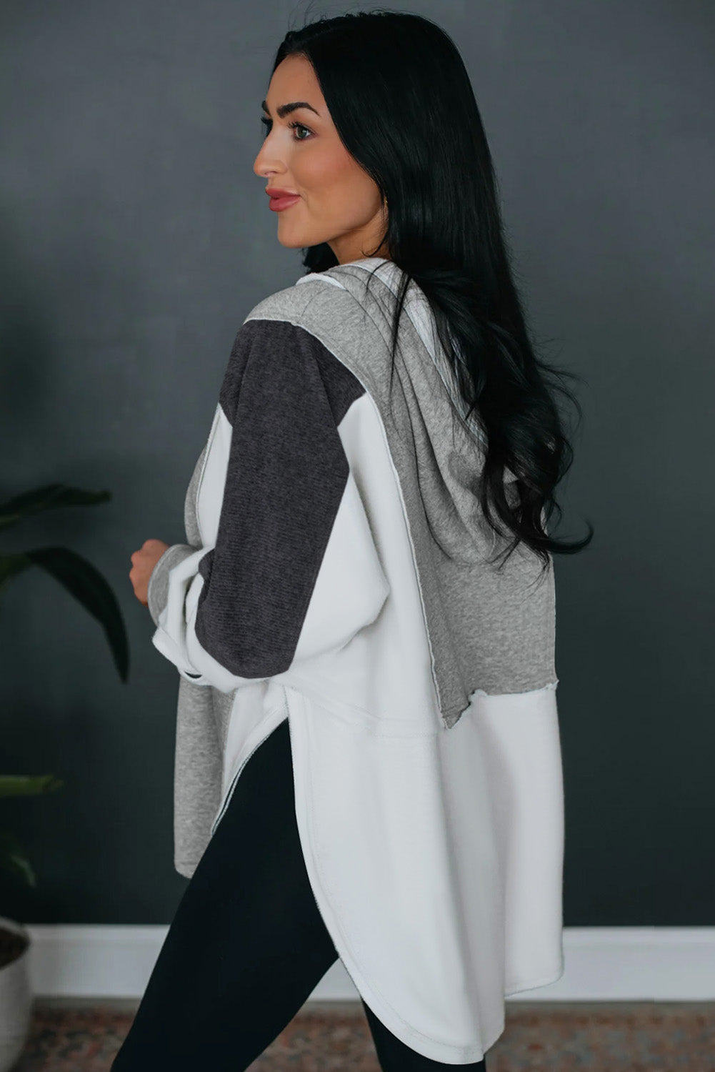 Grey Color Block Snap Button Exposed Seam Pullover Hoodie