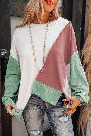 Khaki Colorblock Stitching Irregular Hem Long Sleeve Top