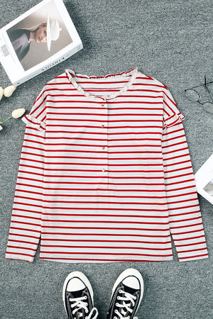 Black and White Striped Snap Button Ruffle Trim Long Sleeve Top