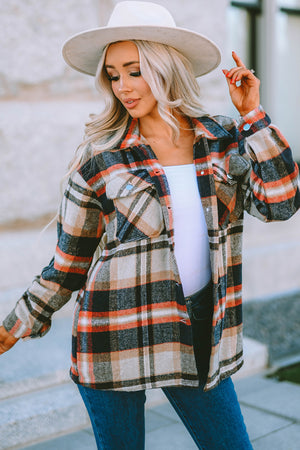 Brown Plaid Button Up Long Sleeve Flannel Jacket
