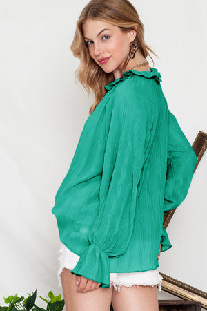 Black Crinkle Frilled Neck Pleated Long Sleeve Blouse