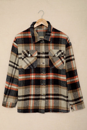 Brown Plaid Button Up Long Sleeve Flannel Jacket