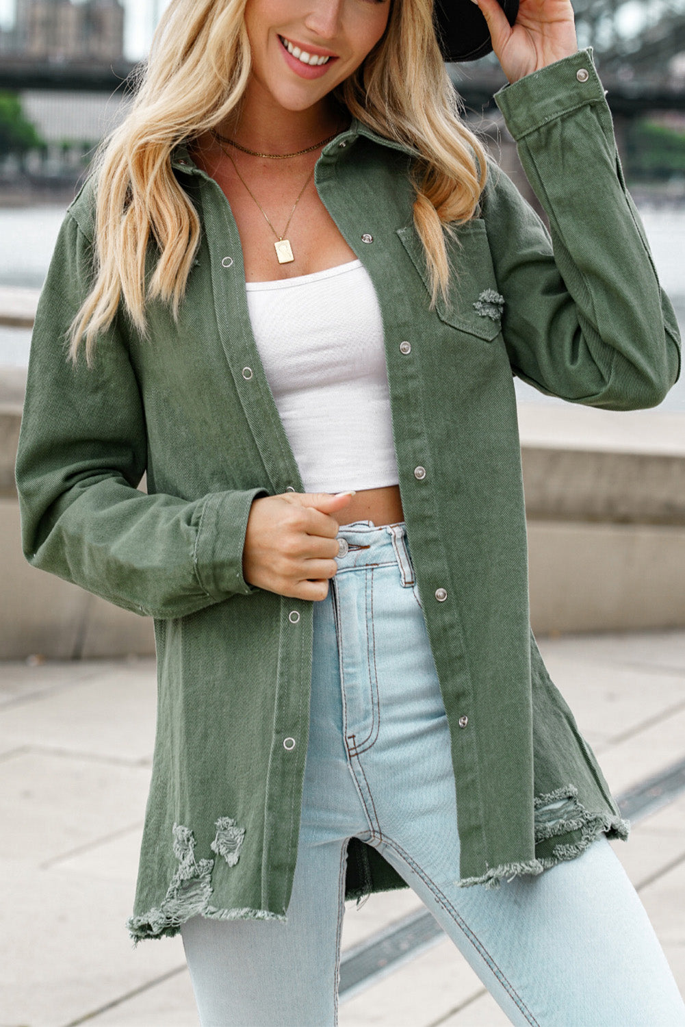 Green Casual Ripped Raw Hem Button Up Denim Shacket
