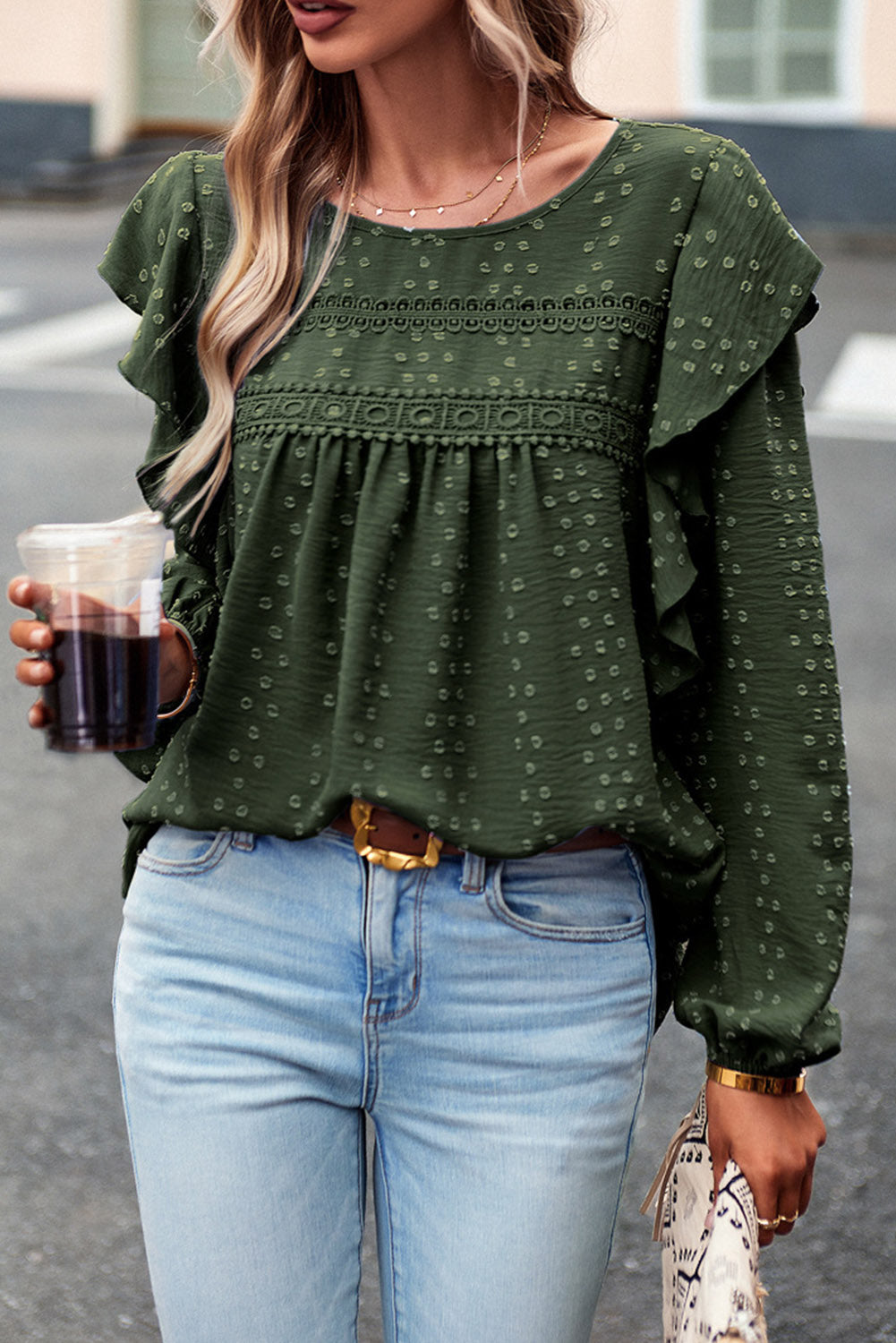 Blackish Green Swiss Dot Ruffle Shoulder Long Sleeve Blouse