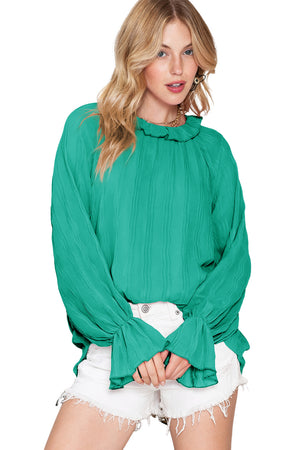 Black Crinkle Frilled Neck Pleated Long Sleeve Blouse