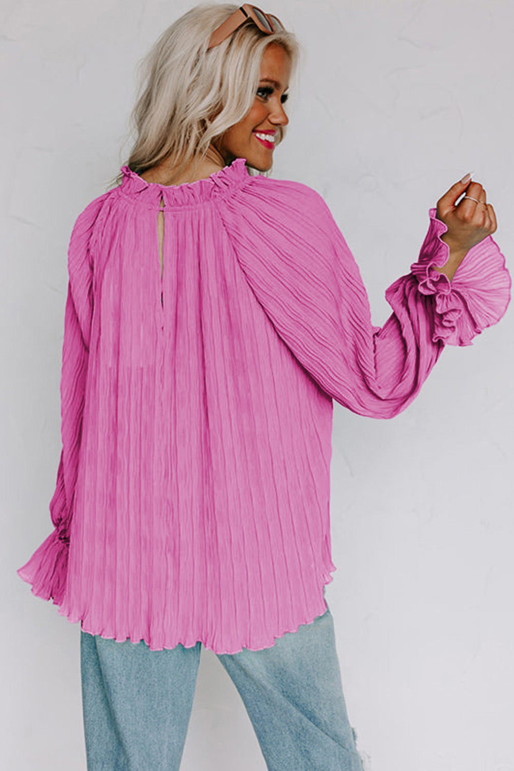 Black Crinkle Frilled Neck Pleated Long Sleeve Blouse